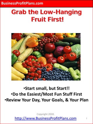 BusinessProfitPlans.com

     Grab the Low-Hanging
           Fruit First!




          •Start small, but Start!!
    •Do the Easiest/Most Fun Stuff First
 •Review Your Day, Your Goals, & Your Plan

                   Copyright 2010.
       http://www.BusinessProfitPlans.com   1
 
