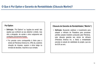 13
Put Option
• Definição: “Put Options” ou “opções de venda” são
opções que conferem ao seu detentor o direito, mas
não a obrigação, de vender o ativo subjacente sob
condições previamente fixadas.
Foi prevista como contrapartida à Astra para o
direito da Petrobras America Inc. (PAI) de, existindo
situação de impasse, superar a sócia belga na
tomada de decisões, impondo a sua vontade.
O Que é Put Option e Garantia de Rentabilidade (Cláusula Marlim)?
Cláusula de Garantia de Rentabilidade (“Marlim”)
• Definição: Buscando viabilizar o investimento para
adaptar a refinaria de Pasadena para processar
petróleo pesado brasileiro produzido pela Petrobras,
esta cláusula garantia aos sócios da refinaria
(Petrobras America Inc. e Astra) a rentabilidade
prevista no estudo de viabilidade do projeto, que era
de 6,9% ao ano.
 