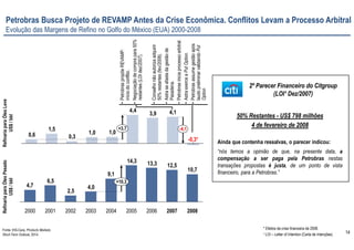 14
Fonte: IHS-Cera, Products Markets
Short-Term Outlook, 2014.
RefinariaparaÓleoPesado
US$/bbl
10,7
12,513,314,3
9,1
4,0
2,5
6,5
4,7
2008
+10,3
20072006200520042003200220012000
4,13,9
4,4
1,01,0
0,3
1,5
0,6
-4,1
-0,3*
+3,7
* Efeitos da crise financeira de 2008.
¹ LOI – Letter of Intention (Carta de Intenções)
Petrobras Busca Projeto de REVAMP Antes da Crise Econômica. Conflitos Levam a Processo Arbitral
Evolução das Margens de Refino no Golfo do México (EUA) 2000-2008
RefinariaparaÓleoLeve
US$/bbl
•PetrobraspropõeREVAMP:
iníciodoconflito.
•Negociaçãodecomprapara50%
restantes(LOIdez/2007).
•Conselhonãoautorizaadquirir
50%restantes(fev/2008).
•Astraseafastadagestãode
Pasadena.
•Petrobrasiniciaprocessoarbitral.
•AstraexerceaPutOption.
•Petrobrasassumegestãoapós
laudopreliminarvalidandoPut
Option
2º Parecer Financeiro do Citgroup
(LOI¹ Dez/2007)
50% Restantes - US$ 798 milhões
4 de fevereiro de 2008
Ainda que contenha ressalvas, o parecer indicou:
“nós temos a opinião de que, na presente data, a
compensação a ser paga pela Petrobras nestas
transações propostas é justa, de um ponto de vista
financeiro, para a Petrobras.”
 