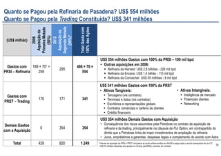 16
Quanto se Pagou pela Refinaria de Pasadena? US$ 554 milhões
Quanto se Pagou pela Trading Constituída? US$ 341 milhões
(US$ milhão)
2006
Aquisiçãoda
PrimeiraMetade
(50%)
2012
Aquisiçãoda
SegundaMetade
(50%)*
TotalGastocom
100%dasAções
Gastos com
PRSI – Refinaria
189 + 70¹ =
259
295
486 + 70 =
554
Gastos com
PRST – Trading
170 171 341
Demais Gastos
com a Aquisição
0 354 354
Total 429 820 1.249
US$ 554 milhões Gastos com 100% da PRSI – 100 mil bpd
• Outras aquisições em 2006:
Refinaria da Harvest: US$ 2,8 bilhões - 226 mil bpd
Refinaria da Encana: US$ 1,4 bilhão - 115 mil bpd
Refinaria da Connacher: US$ 55 milhões - 8 mil bpd
US$ 341 milhões Gastos com 100% da PRST
• Ativos Tangíveis:
Tancagens (via contratos)
Terminais e dutos (via contratos)
Escritórios e representações globais
Contratos comerciais e carteira de clientes
Crédito financeiro
US$ 354 milhões Demais Gastos com Aquisição
• Consequência dos riscos assumidos pela Petrobras no contrato de aquisição da
refinaria e da trading, principalmente na cláusula de Put Option, em contrapartida do
direito que a Petrobras tinha de impor investimentos de ampliação da refinaria
• Juros, empréstimos e garantias, despesas legais e complemento do acordo com Astra
• Ativos Intangíveis:
Inteligência de mercado
Potenciais clientes
Networking
* Valores de aquisição da PRSI e PRST vinculados ao laudo arbitral emitido em Abr/09 e pagos após o acordo extrajudicial de Jun/12.
¹ US$ 70 milhões referentes aos ajustes no Closing (set/2006), previstos em contrato.
 