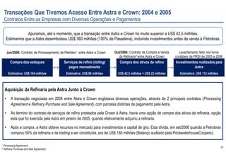 17
Transações Que Tivemos Acesso Entre Astra e Crown: 2004 e 2005
Contratos Entre as Empresas com Diversas Operações e Pagamentos
Compra dos estoques
Estimativa: US$ 104 milhões
Serviços de refino (tolling)
pagos mensalmente
Estimativa: US$ 80 milhões
Compra dos ativos de refino
US$ 42,5 milhões + US$ 22 milhões
Investimentos realizados pela
Astra
Estimativa: US$ 112 milhões
Jun/2004: Contrato de Processamento de Petróleo¹ entre Astra e Crown Out/2004: Contrato de Compra e Venda
da Refinaria² entre Astra e Crown
Apuramos, até o momento, que a transação entre Astra e Crown foi muito superior a US$ 42,5 milhões.
Estimamos que a Astra desembolsou US$ 360 milhões (100% de Pasadena), incluindo investimentos antes da venda à Petrobras.
Levantamento feito nos livros
contábeis da PRSI de 2005 e 2006
Aquisição da Refinaria pela Astra Junto à Crown
• A transação negociada em 2004 entre Astra e Crown englobava diversas operações, através de 2 principais contratos (Processing
Agreement e Refinery Purchase and Sale Agreement), com parcelas distintas de pagamento pela Astra.
• Ao término do contrato de serviços de refino prestados pela Crown à Astra, havia uma opção de compra dos ativos da refinaria, opção
esta que foi exercida pela Astra em janeiro de 2005, quando efetivamente adquiriu a refinaria.
• Após a compra, a Astra obteve recursos no mercado para investimentos e capital de giro. Esta dívida, em set/2006 quando a Petrobras
comprou 50% da refinaria e da trading a ser constituída, era de US$ 180 milhões (Balanço auditado pela PricewaterhouseCoopers).
¹ Processing Agreement.
² Refinery Purchase and Sale Agreement.
 
