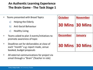 Trinity College Dublin, The University of Dublin
An Authentic Learning Experience
The Brain Game - The Task Stage 1
• Teams presented with Broad Topics
a) Helping the Elderly
b) Anti-Social Behaviour
c) Healthy Living
• Teams asked to plan 3 events/initiatives to
promote awareness of topic
• Deadlines set for deliverables at close of
each “month” e.g: report made, venue
booked, budget proposals
• All external communications for project via
email through a “Brain” (Teacher in role)
October
30 Mins
November
30 Mins
December
30 Mins
January
30 Mins
 