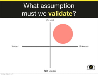 What assumption
must we validate?
Crucial

Known

Unknown

Not Crucial
Tuesday, February 4, 14

 