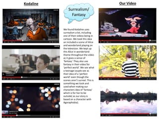 Surrealism/
Fantasy
Our VideoKodaline
We found Kodaline uses
surrealism a lot, including
one of their videos being in
cartoon. We took this idea
an included a scene of Alice
and wonderland playing on
the television. We kept up
this Alice in wonderland
theme throughout the video
as it gives a sense of
‘fantasy’. They also use
fantasy in their video for
‘perfect world’. We see what
a teenage couple see as
their idea of a ‘perfect
world’ even though the
scenes aren’t surreal. This is
something we took and
used when making our
characters idea of ‘fantasy’
which is for her to be
outside( as our story is
based on a character with
Agoraphobia).
 