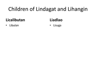 Children of Lindagat and Lihangin
Licalibutan

Liadlao

• Libulan

• Lisuga

 