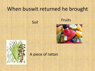 When buswit returned he brought
Soil

A piece of rattan

Fruits

 