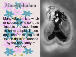 Mangkukulam is a witch
or socerer, who controls
insects and uses them
to harm people. These
days she/he is also said
to use dolls, influenced
by the popularity of
voodoo.

 