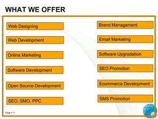 WHAT WE OFFER
Web Designing

Brand Management

Web Development

Email Marketing

Online Marketing

Software Upgradation

Software Development

SEO Promotion

Open Source Development

Ecommerce Development

SEO, SMO, PPC
Page  11

SMS Promotion

 