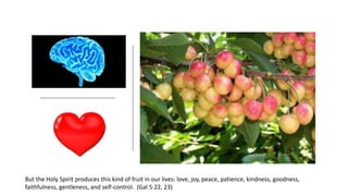 But the Holy Spirit produces this kind of fruit in our lives: love, joy, peace, patience, kindness, goodness,
faithfulness, gentleness, and self-control. (Gal 5:22, 23)
 