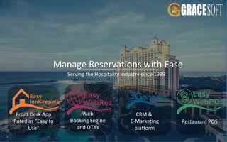 Manage Reservations with Ease
Serving the Hospitality industry since 1999
Front Desk App
Rated as “Easy to
Use”
Web
Booking Engine
and OTAs
CRM &
E-Marketing
platform
Restaurant POS
 