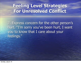 Feeling Level Strategies
For Unresolved Conflict
2. Express concern for the other person’s
hurt. “I’m sorry you’ve been hurt, I want
you to know that I care about your
feelings.”
Sunday, July 6, 14
 