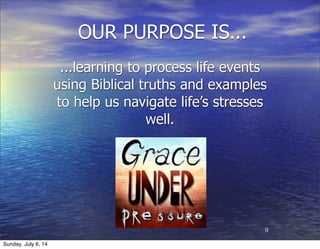 OUR PURPOSE IS...
...learning to process life events
using Biblical truths and examples
to help us navigate life’s stresses
well.
9
Sunday, July 6, 14
 