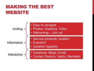 MAKING THE BEST
WEBSITE

              • Easy to navigate
   Inviting   • Photos, Graphics, Video
              • Welcoming – Join us!
              • Service schedule, location
Informative   • Events!!!!
              • Updated regularly
              • Facebook, Blogs, Email
Interactive
              • Contact Pastors, Vestry, Members
 