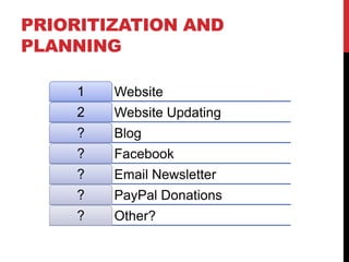 PRIORITIZATION AND
PLANNING

    1   Website
    2   Website Updating
    ?   Blog
    ?   Facebook
    ?   Email Newsletter
    ?   PayPal Donations
    ?   Other?
 