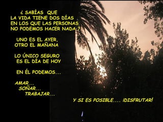 ¡TE DESEO UN BUEN DIA! ¿ SABÍAS QUE LA VIDA TIENE DOS DÍAS EN LOS QUE LAS PERSONAS NO PODEMOS HACER NADA ? UNO ES EL AYER, OTRO EL MAÑANA LO ÚNICO SEGURO ES EL DÍA DE HOY EN ÉL PODEMOS... AMAR... SOÑAR... TRABAJAR... Y SI ES POSIBLE.... ¡DISFRUTAR !