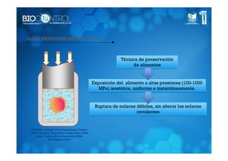 ALTAS PRESIONES HIDROSTÁTICAS



                                                         Técnica de preservación
                                                              de alimentos


                                            Exposición del alimento a altas presiones (100-1000
                                               MPa) isostática, uniforme e instantáneamente.


                                             Ruptura de enlaces débiles, sin alterar los enlaces
                                                                covalentes


 FUENTE: Guelph Food Technology Centre.
 GFTC On-Line Newsletter: September 2000,
    http://www.gftc.ca/newslett/2000-
            09/highpres.htm
 