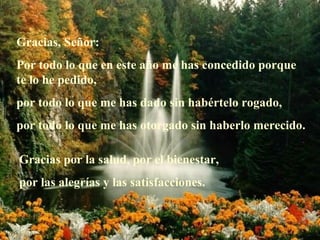 Gracias, Señor: Por todo lo que en este año me has concedido porque te lo he pedido, por todo lo que me has dado sin habértelo rogado, por todo lo que me has otorgado sin haberlo merecido. Gracias por la salud, por el bienestar, por las alegrías y las satisfacciones.