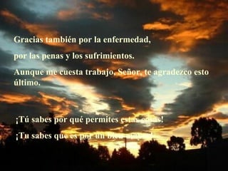 Gracias también por la enfermedad, por las penas y los sufrimientos. Aunque me cuesta trabajo, Señor, te agradezco esto último. ¡Tú sabes por qué permites estas cosas! ¡Tu sabes que es por un bien mayor!