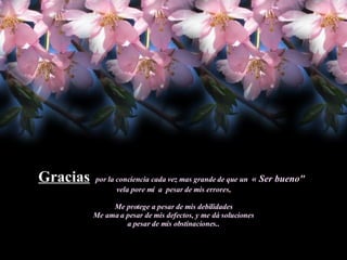 Gracias   por la conciencia cada vez mas grande de que un  « Ser bueno"   vela pore mí  a  pesar de mis errores, Me protege a pesar de mis debilidades Me ama a pesar de mis defectos, y me dá soluciones a pesar de mis obstinaciones.. 