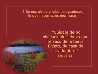 3 Se nos olvida y lejos de agradecer, lo que hacemos es murmurar   “ Cuídate de no olvidarte de Jehová que te saco de la tierra Egipto, de casa de servidumbre.”  Deut 6:12   
