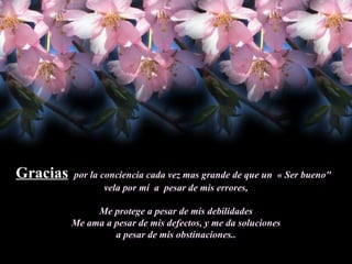 Gracias   por la conciencia cada vez mas grande de que un  « Ser bueno"  vela por mí  a  pesar de mis errores, Me protege a pesar de mis debilidades Me ama a pesar de mis defectos, y me da soluciones a pesar de mis obstinaciones.. 