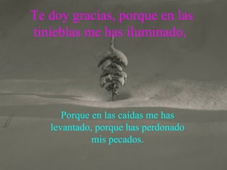 Te doy gracias, porque en las tinieblas me has iluminado,  Porque en las caídas me has levantado, porque has perdonado mis pecados. 