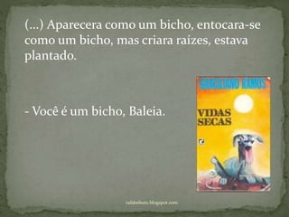 rafabebum.blogspot.com
(...) Aparecera como um bicho, entocara-se
como um bicho, mas criara raízes, estava
plantado.
- Você é um bicho, Baleia.
 
