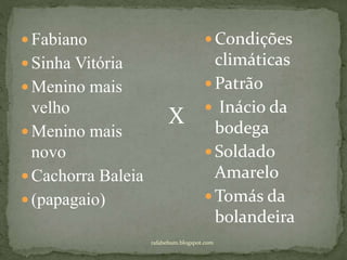  Fabiano
 Sinha Vitória
 Menino mais
velho
 Menino mais
novo
 Cachorra Baleia
 (papagaio)
 Condições
climáticas
 Patrão
 Inácio da
bodega
 Soldado
Amarelo
 Tomás da
bolandeira
X
rafabebum.blogspot.com
 