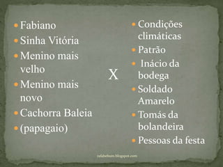  Fabiano
 Sinha Vitória
 Menino mais
velho
 Menino mais
novo
 Cachorra Baleia
 (papagaio)
 Condições
climáticas
 Patrão
 Inácio da
bodega
 Soldado
Amarelo
 Tomás da
bolandeira
 Pessoas da festa
X
rafabebum.blogspot.com
 