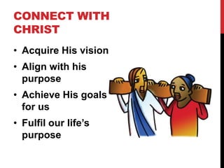 CONNECT WITH
CHRIST
• Acquire His vision
• Align with his
purpose
• Achieve His goals
for us
• Fulfil our life’s
purpose
 