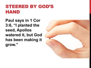 STEERED BY GOD’S
HAND
Paul says in 1 Cor
3:6, “I planted the
seed, Apollos
watered it, but God
has been making it
grow.”
 