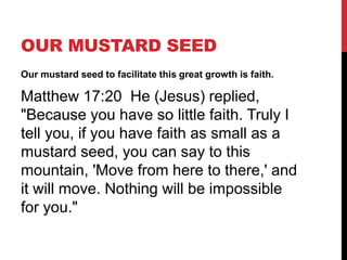 OUR MUSTARD SEED
Our mustard seed to facilitate this great growth is faith.
Matthew 17:20 He (Jesus) replied,
"Because you have so little faith. Truly I
tell you, if you have faith as small as a
mustard seed, you can say to this
mountain, 'Move from here to there,' and
it will move. Nothing will be impossible
for you."
 