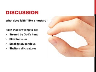DISCUSSION
What does faith “ like a mustard seed” mean?
Faith that is willing to be:
• Steered by God’s hand
• Slow but sure
• Small to stupendous
• Shelters all creatures
 