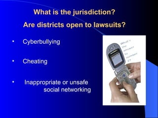 Cyberbullying What is the  jurisdiction? Are districts open to lawsuits? Cheating Inappropriate or unsafe  social networking 