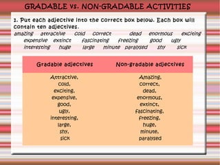 GRADABLE vs. NON-GRADABLE ACTIVITIES
1. Put each adjective into the correct box below. Each box will
contain ten adjectives .
amazing attractive
cold correct
dead enormous
exciting
expensive extinct
fascinating
freezing
good
ugly
interesting
huge
large
minute paralysed
shy
sick
Gradable adjectives

Non-gradable adjectives

Attractive,
cold,
exciting,
expensive,
good,
ugly,
interesting,
large,
shy,
sick

Amazing,
correct,
dead,
enormous,
extinct,
fascinating,
freezing,
huge,
minute,
paralysed

 