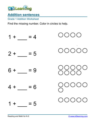 Addition sentences
Grade 1 Addition Worksheet
Reading and Math for K-5 © www.k5learning.com
Find the missing number. Color in circles to help.
1 + ___ = 4
2 + ___ = 5
6 + ___ = 9
4 + ___ = 6
1 + ___ = 5
 