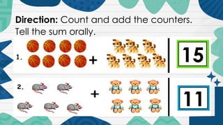 Direction: Count and add the counters.
Tell the sum orally.
15
11
 