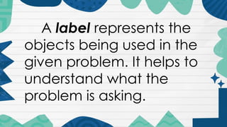A label represents the
objects being used in the
given problem. It helps to
understand what the
problem is asking.
 