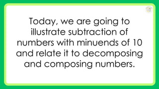 Today, we are going to
illustrate subtraction of
numbers with minuends of 10
and relate it to decomposing
and composing numbers.
 