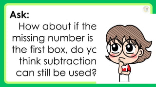 Ask:
How about if the
missing number is in
the first box, do you
think subtraction
can still be used?
 