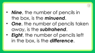 • Nine, the number of pencils in
the box, is the minuend.
• One, the number of pencils taken
away, is the subtrahend.
• Eight, the number of pencils left
in the box, is the difference.
 