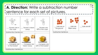 A. Direction: Write a subtraction number
sentence for each set of pictures.
 