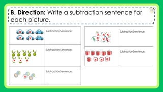 B. Direction: Write a subtraction sentence for
each picture.
 