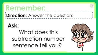 Remember:
Direction: Answer the question:
Ask:
What does this
subtraction number
sentence tell you?
 