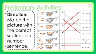Preliminary Activities:
Direction:
Match the
picture with
the correct
subtraction
number
sentence.
5 – 2 =
3
 