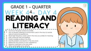 GRADE 1 – QUARTER
4
WEEK 4 – DAY 4
 Sound out the given words accurately.
 Use vocabulary referring to environment used in the story to narrate
relevant personal experiences.
 Read high-frequency words used in the story accurately for meaning.
 Infer character traits and feelings.
 Predict possible ending in the story.
 Identify problem and solution in the story read.
 Relate the story events to one’s experience.
 Respond creatively to the story read.
 Write words legibly and correctly.
 