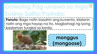 Gawaing Pag-unawa sa mga
Susing-Salita/Parirala:
Panuto: Bago natin basahin ang kuwento, kilalanin
natin ang mga hayop na ito. Magbahagi ng iyong
kaalaman tungkol sa kanila.
monggus
(mongoose)
 