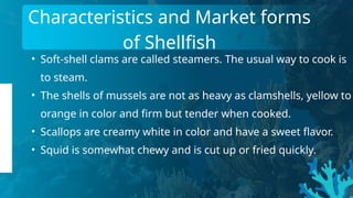 Characteristics and Market forms
of Shellfish
• Soft-shell clams are called steamers. The usual way to cook is
to steam.
• The shells of mussels are not as heavy as clamshells, yellow to
orange in color and firm but tender when cooked.
• Scallops are creamy white in color and have a sweet flavor.
• Squid is somewhat chewy and is cut up or fried quickly.
 