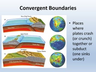 Convergent Boundaries
• Places
where
plates crash
(or crunch)
together or
subduct
(one sinks
under)
 
