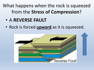 What happens when the rock is squeezed
from the Stress of Compression?
• A REVERSE FAULT
• Rock is forced upward as it is squeezed.
 